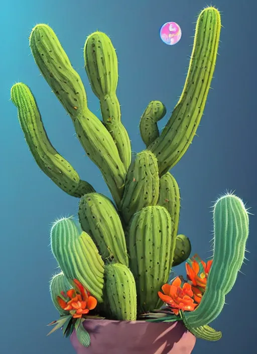 Image similar to colourful caricature - 3 d vfx art - of a cactus plant, art style by james jean & hsiao - ron cheng, character concept art, unreal engine render, digital illustration, sharp, intricate detail, volumetric light, ray tracing, soft light, symmetric, pinterest, artstation, behance,