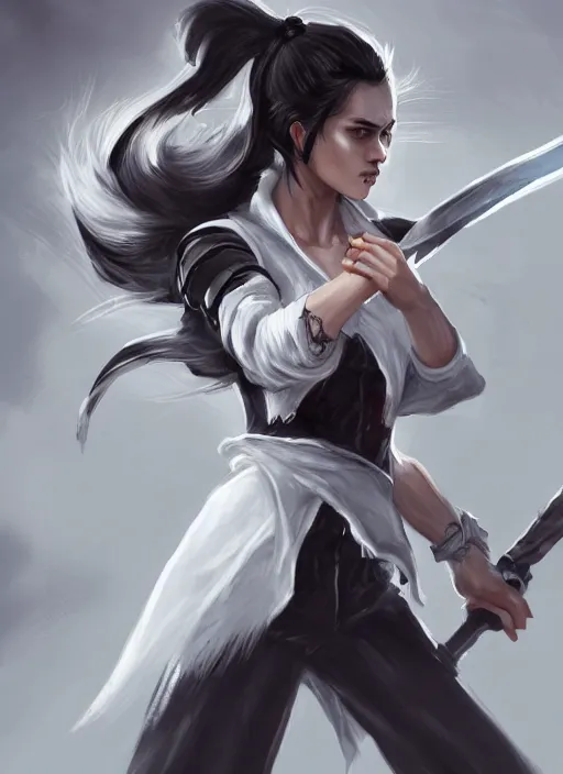 Image similar to a highly detailed illustration of fierce messy ponytail black haired one armed delinquent woman wearing uniform cap wearing long white coat cape, dramatic wielding sword pose, muscular, intricate, elegant, highly detailed, centered, digital painting, artstation, concept art, smooth, sharp focus, league of legends concept art, wlop.