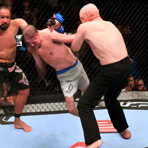 Image similar to jeff bezos fighting a hobo at ufc 2 6 9, photorealistic picture, dslr, 8 k, high fidelity, action shot