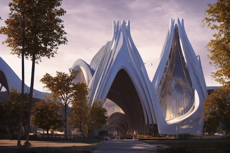 Prompt: extremely detailed cathedral designed by Zaha Hadid surrounded by a forest, stunning volumetric light, sunset, metal, concrete and translucent material, stunning skies, trending on Artstation, 8k, photorealistic, hyper detailed, unreal engine 5, IMAX quality, cinematic, epic lighting, in the style of Greg Rutkowski