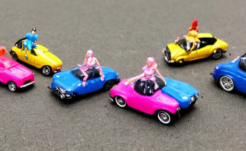 Image similar to cute little miniature drag race figurines