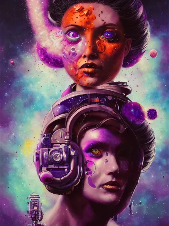 Image similar to art portrait of space girl with purple eyes, with nuclear explosion exploding out of head,8k,by tristan eaton,Stanley Artgermm,Tom Bagshaw,Greg Rutkowski,Carne Griffiths,trending on DeviantArt,face enhance, face twisted in fury, hyper detailed, blade, full of colour