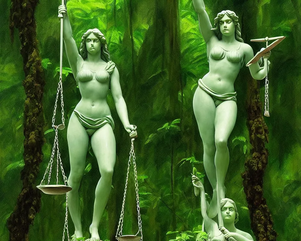 Image similar to lady justice statue in a rainforest clearing by raphael, hopper, and rene magritte. detailed, romantic, enchanting, trending on artstation.