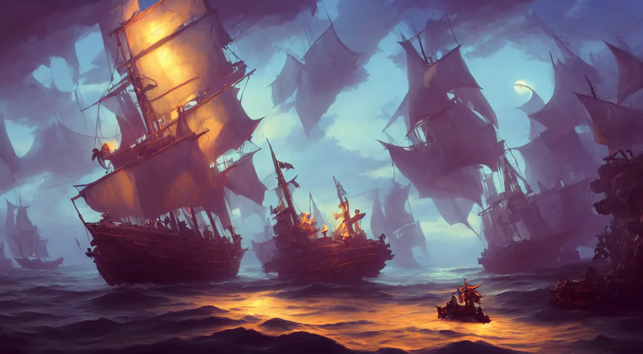 Image similar to pirates on a ghost ship with the Jolly Roger flag in the ocean, volumetric lighting, fantasy art overwatch and heartstone video game icon, a detailed matte painting, by RHADS, cgsociety, fantasy art, matte painting, artstation hq, matte drawing, by makoto shinkai and Beeple Jorge Jacinto ,Tyler Edlin, philipsue on artstation