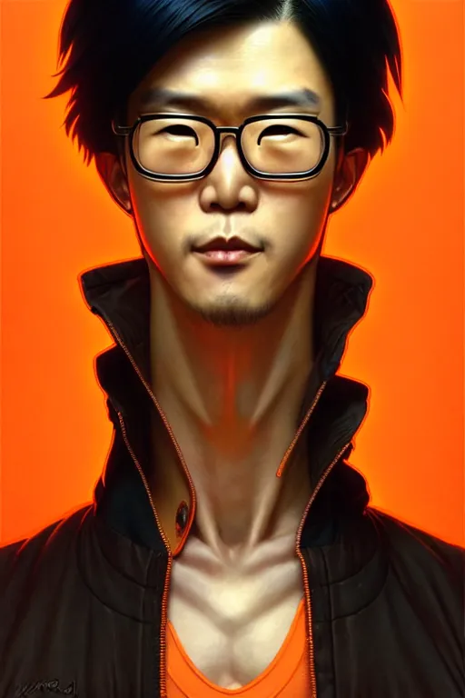 Prompt: a japanese man with very short black hair, broad shoulders, thick round spectacles, wearing a bright orange bomber jacket, seductive cyberpunk dark fantasy, art by artgerm and karol bak and moebius and alphonse mucha and greg rutkowski, hyperdetailed, ultrarealistic, octane render