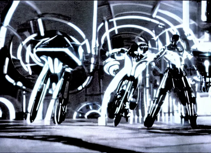 Image similar to lightcycles scene from the 1 9 1 2 science fiction film tron