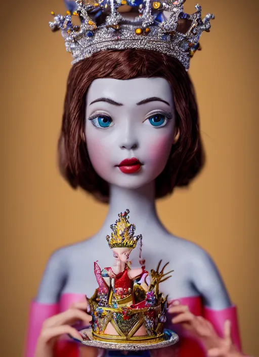 Image similar to closeup profile face portrait of a tin toy fairytale princess wearing a crown eating cakes, bikini, depth of field, zeiss lens, detailed, symmetrical, centered, fashion photoshoot, by bosch, giger, breathtaking, 8 k resolution, extremely detailed, beautiful, establishing shot, artistic, hyperrealistic, beautiful face, octane render