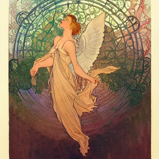 Prompt: a beautiful intricate watercolor illustration of an angel of nature, leaves, 4 k, ultra - wide angle, by william turner, by victo ngai, by alphonse mucha, by moebius, by gustave dore, hd, trending on artstation, hyper detailed, muted intense colors