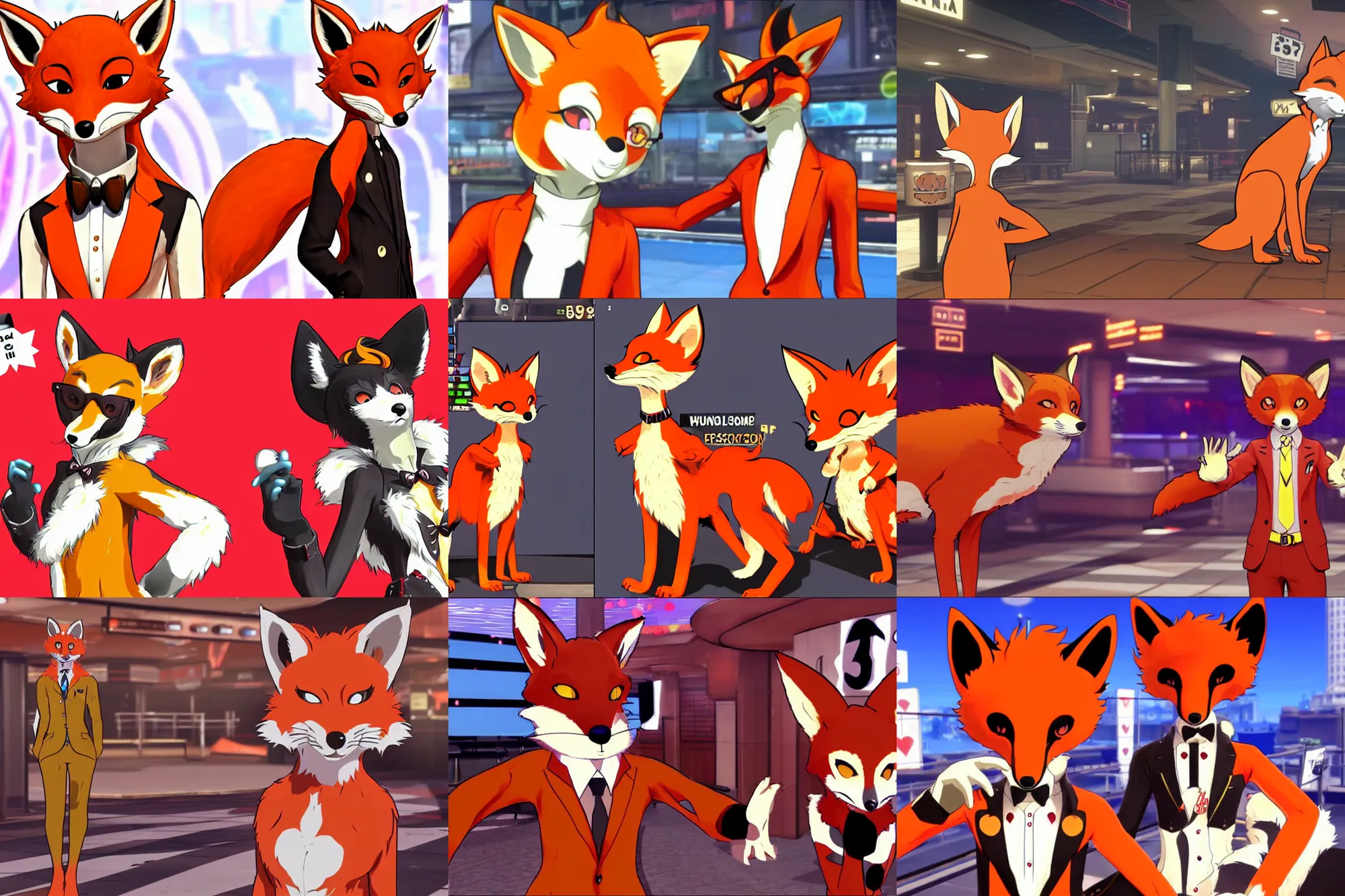 Prompt: a furry tan fox fursona, in persona 5 video game casino level