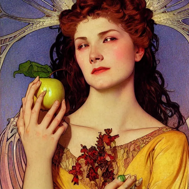 Image similar to an aesthetic! detailed close - up portrait of an aesthetic woman crying mournfully while holding an apple, by frank frazetta and alphonse mucha, oil on canvas, bright colors, art nouveau, epic composition, dungeons and dragons fantasy art, hd, god - rays, ray - tracing, crisp contour - lines, huhd - 8 k