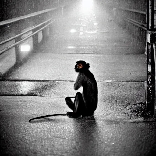 Prompt: contre - jour photo of a monkey smoking a cigarette on a bridge at night under rain, lightened by street lamps, award winning photography