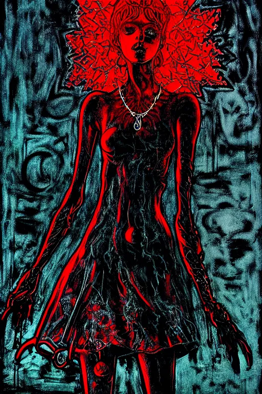 Prompt: dreamy gothic girl, black leather slim skirt, chains, red spirit, beautiful body shape, detailed acrylic, grunge, intricate complexity, by dan mumford and by alberto giacometti, peter lindbergh