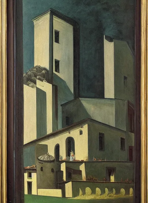 Prompt: a painting of a pezo von ellrichshausen house by giorgio de chirico