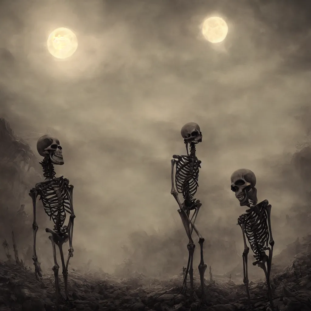 Prompt: a tall,scary and slender skeleton with soft and luminous colors dances in an apocalyptic landscape with vapor and smoke under the moon in twilight, darkart, hyperdetailed, hyperealistic, cinematography, 8k,Artstation, Deviantart, beautiful