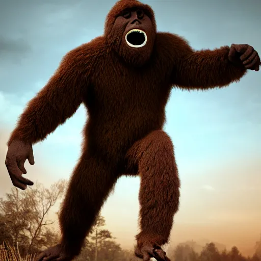 Image similar to the big foot , real , found, fake, photomanipulation , brown , octane render, high detailed, atomosphere , dusk