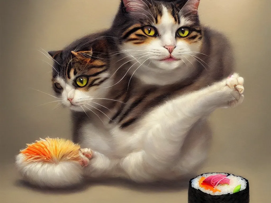 Image similar to a beautiful picture of a cat rolled up into sushi, studio picture, realistic illustrative painting, artgerm, visionary arts, huang guangjian