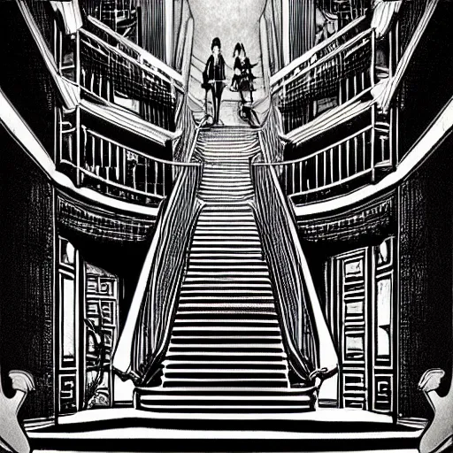 Image similar to a huge bright maze of many doorways and lots of stairs, many doorways, inside a giant mansion, artstation, Junji Ito, epic composition