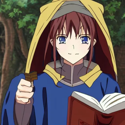 Prompt: A female wizard with brown hair wearing a blue hood and blue robe holding a book in the style of the goblin slayer anime