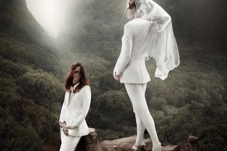 Prompt: a cinematic portrait of a beautiful middle aged woman wearing futuristic white suit on the top of a mountain, overlooking a vast serene forest, large diffused light, neon light, 4 k, ultra realistic, dramatic lighting, rain, clouds, fog, vogue, fashion, glamour, magazine spread, by marco mazzoni and jessica rossier