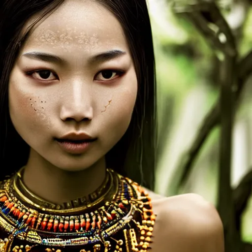 Image similar to portrait of a stunningly beautiful asian tribal female with lens flars and depth of field, zeiss lens, detailed, symmetrical, centered, fashion photoshoot, by Annie Leibovitz and Steve McCurry, David Lazar, Jimmy Nelsson, Breathtaking, 8k resolution, extremely detailed, beautiful, establishing shot, artistic, hyperrealistic, beautiful face, octane render