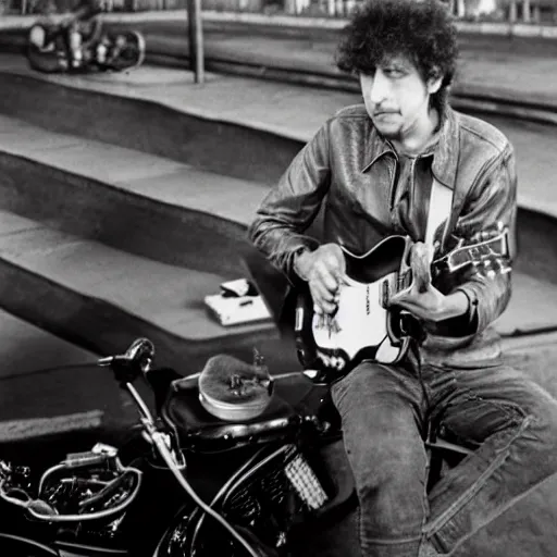 Image similar to bob dylan riding his motorcycle playing with his guitar in the fullham football club stadium, 4 k, high detail