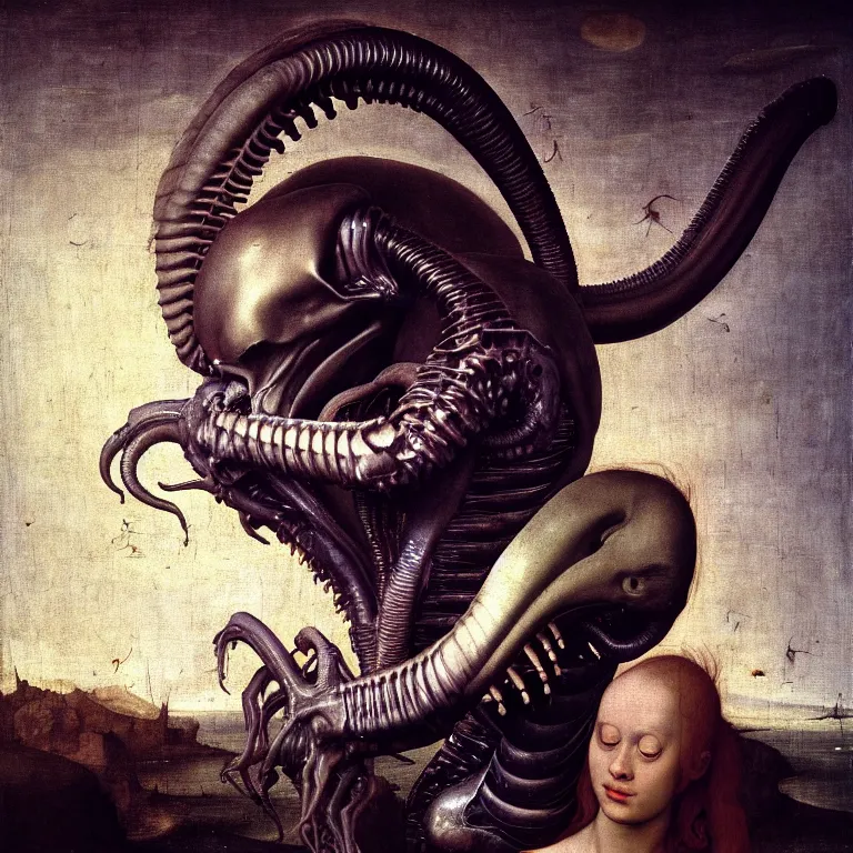 Image similar to portrait of a beautiful man kissing xenomorph by hieronymus bosch, soft bloom lucid dream - like ethereal dark atmosphere, baroque portrait painting, perfect composition, intricate detailed octane render trending on artstation, 8 k artistic photography, volumetric cinematic perfect light, chiaroscuro, masterpiece, raphael, caravaggio, rutkowski, beeple, beksinski