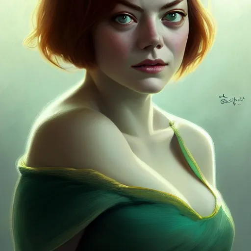 Image similar to beautiful natural Emma Stone with green eyes and different nose and mouth, intricate, elegant, highly detailed, digital painting, artstation, concept art, smooth, sharp focus, illustration, art by artgerm and greg rutkowski and alphonse mucha and loish and WLOP