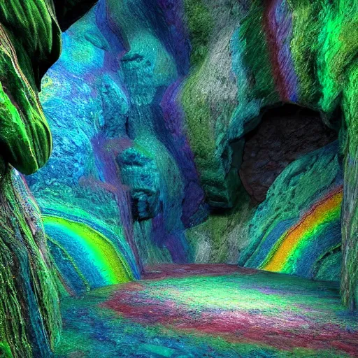 Prompt: rainbow colored caves lead to a rainforest, highly detailed digital art, artstation, cfg = 3