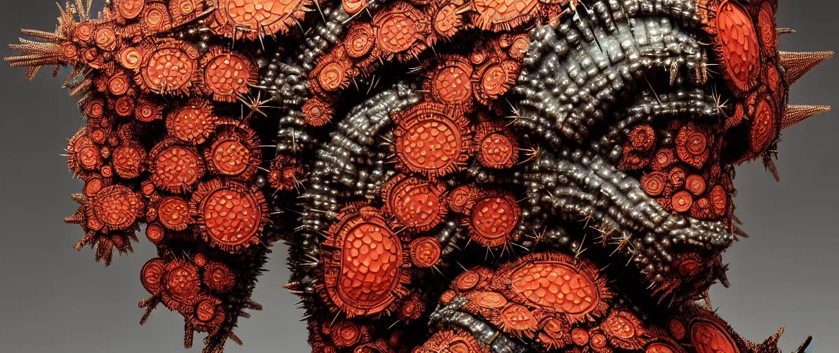 Image similar to hyperrealist highly detailed english medieval portrait of high fashion monster wearing spikey lopsided wired mecha armor, radiating atomic neon corals, veiny network growth with fungal pattern, concept art pascal blanche dramatic studio lighting 8k wide angle shallow depth of field