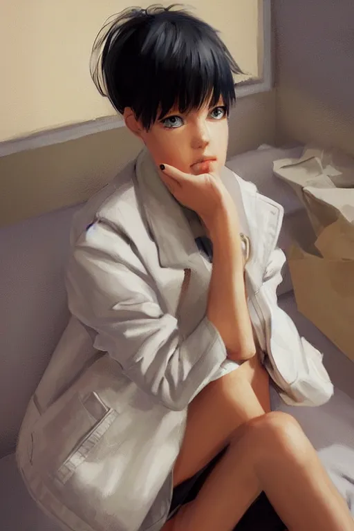 Image similar to A ultradetailed beautiful panting of a stylish girl sitting on the floor of a messy apartment, she is wearing an oversized jacket, Oil painting, by Ilya Kuvshinov, Greg Rutkowski and Makoto Shinkai