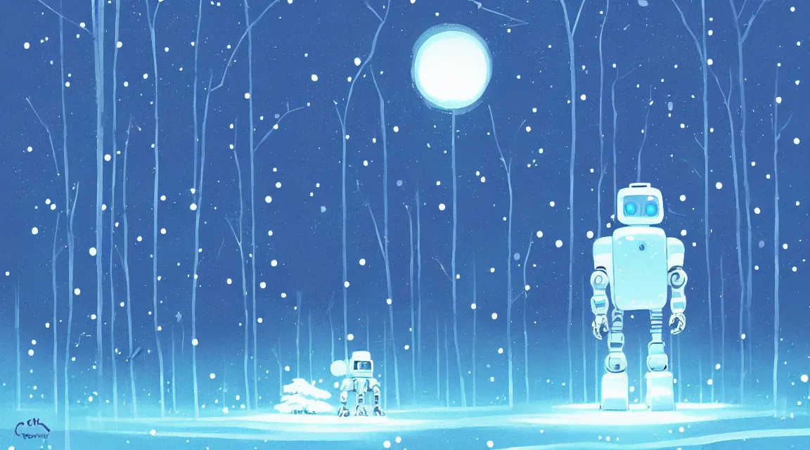 Prompt: a chunky glossy white retro robot stands in the middle of a forest of softly glowing blue trees at night. snowing. snowy. icy. the sky above has many stars and a beautiful blue aurora. cyril roland. naomi okubo. rossdraws. trending on artstation. digital painting.