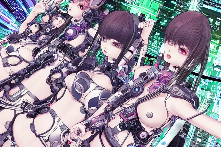 Image similar to cyberpunk anime illustration of a group of female android dolls lying in various poses over an spacious, empty white floor background with their bodies open showing wires and cables coming out, by katsuhiro otomo and masamune shirow, hyper-detailed, colorful, beautiful, bird view
