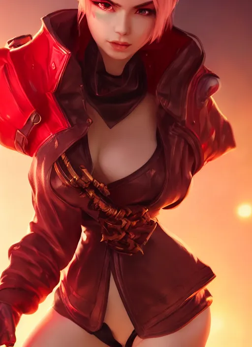 Image similar to vi from arcane, artstation, octane render, by wlop, fortiche, league of legends, fighter, cool red jacket, tattoo, beautiful, 3 d, potrait, art staion, studio light, closeup shot