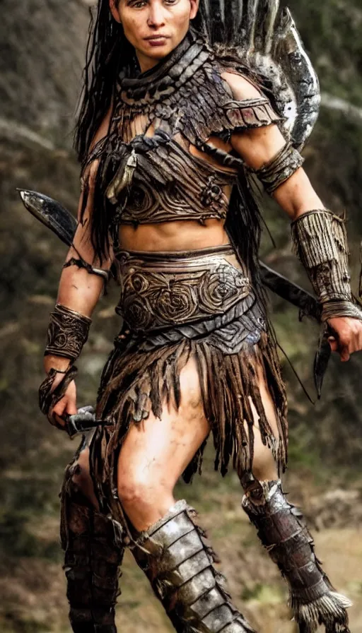 Prompt: wet ancient princess tribeswoman in battlerage, destroyed armor inspired by monster hunter, low shot camera, muscular, symmetrical face, clean face, subtle make up, debris and arrows flies around her, frozen time effect,dramatic lighting, cinematic, establishing shot, extremely high detail, photorealistic, 300 the movie,monster hunter the movie, dune the movie, cinematic lighting, artstation, octane render, western,old photo, vintage