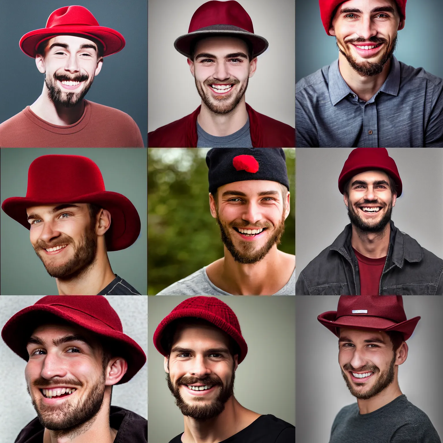 Prompt: hyperrealistic photorealistic portrait young man ethan hawk strong jawline dark red hat smirk parenthesis smile