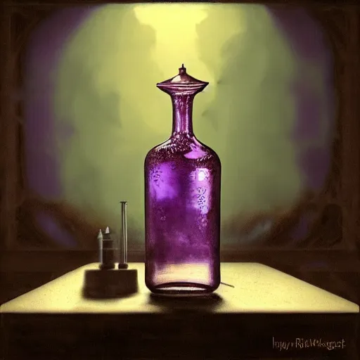 Image similar to a steampunk painting of a vintage purple potion bottle, lit by a single ray of sunlight in a dark dusty vintage science lab, by h. r. giger, hyperrealistic fantasy art, concept matte, ethereal, dreamy, digital art, trending on artstation, volumetric cinematic lighting