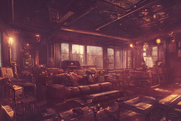 Image similar to interior of a steampunk videoclub, 3d scene, render, ultra realistic, zenith view, Greg Rutkowski, artstation, cgsociety, level design, unreal engine, 3d scene, render, ultra realistic, zenith view, Enki Bilal style