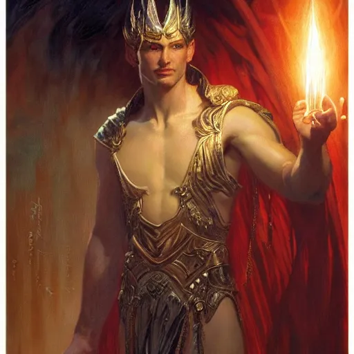 Image similar to attractive male deity casts light spell, summons attractive male lucifer morningstar. highly detailed painting by gaston bussiere, craig mullins, j. c. leyendecker 8 k