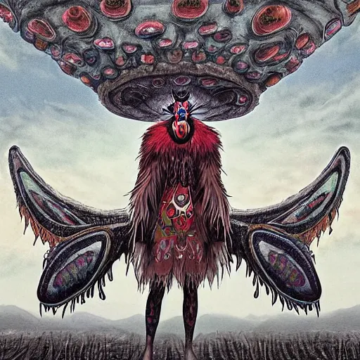 Image similar to 8K Portrait of centered chest up of a psychedelic godlike mothman shaman with moth face and giant mandala wings smoking a hand-rolled cigarette smoking heavily , magic mushroom village in background , post-processing , award winning. superb resolution. in the art style of junji Ito and greg rutkowski . Detailed Mushroom city in background. Hyper realistic anime. Perfect art. Dalle2