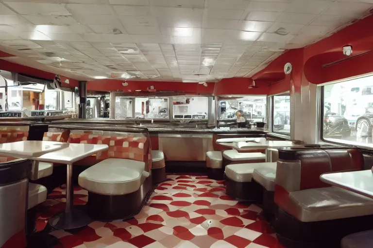 Image similar to 2001 y2k diner, extending forever into the infinite horizon 85mm f/11 interior photography two point perspective