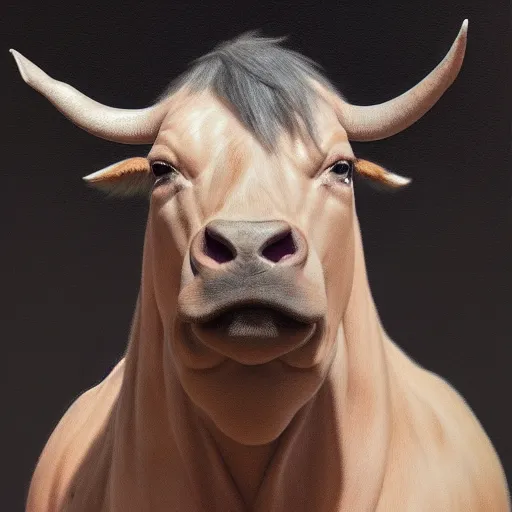 Image similar to a super muscly Belgian Blue, very detailed, ultrarealistic, dramatic lighting, electrical details, high details, 4k, 8k, best, accurate, trending on artstation, fur, artstation, photorealism, ultrarealistic, digital painting, style of frank frazetta