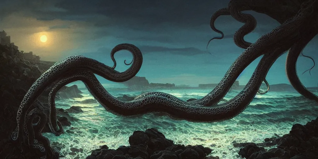 Image similar to landscape view on an old fishing village at night, a tentacled creature emerging from the ocean on the right, night colors, high - key lighting, beautiful composition, intricate, gradient from green to black, pro photography by, highly detailed, digital painting, art by artgerm and greg rutkowski and alphonse mucha, smooth, sharp focus illustration