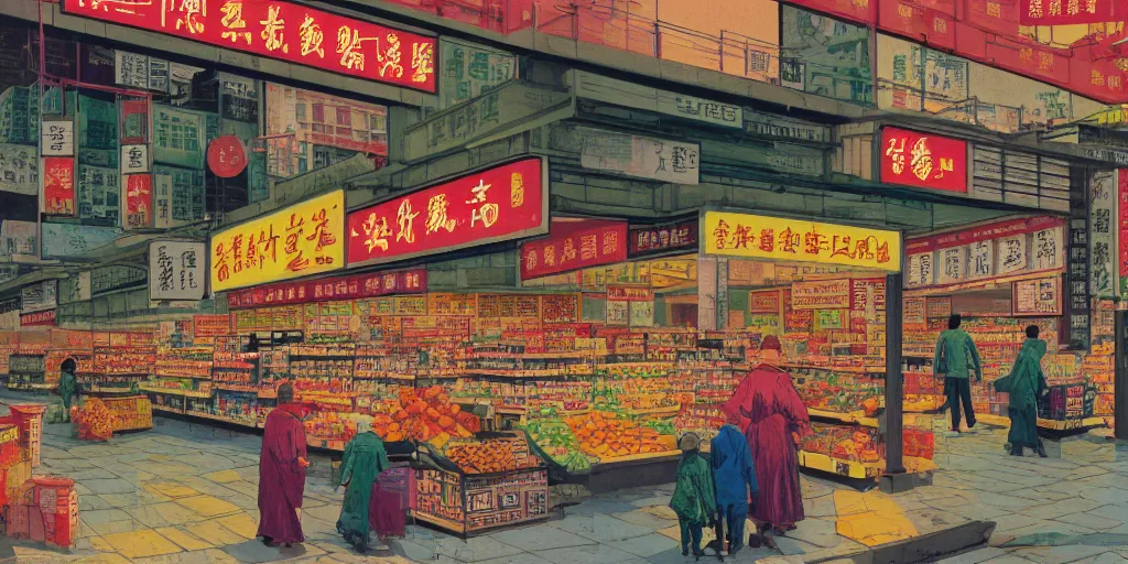 Image similar to a supermarket in hong kong, by dan mumford and peter doig and edward hopper, minimal, black in, thick lines highly detailed, muted colours, overlaid with chinese adverts, 8 k