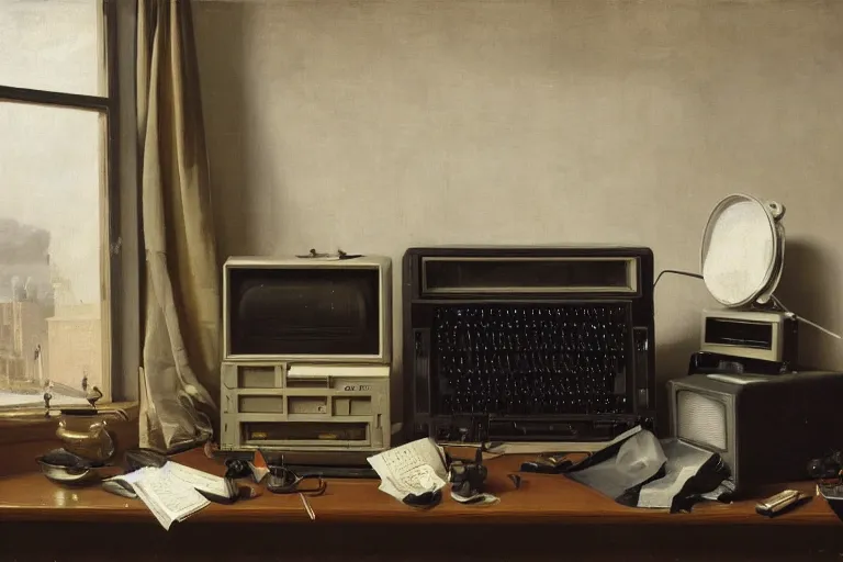 Image similar to still life painting of vintage computers by Pieter Claesz, oil on canvas, strong lighting, highly detailed, hyper realism, HD, 4K