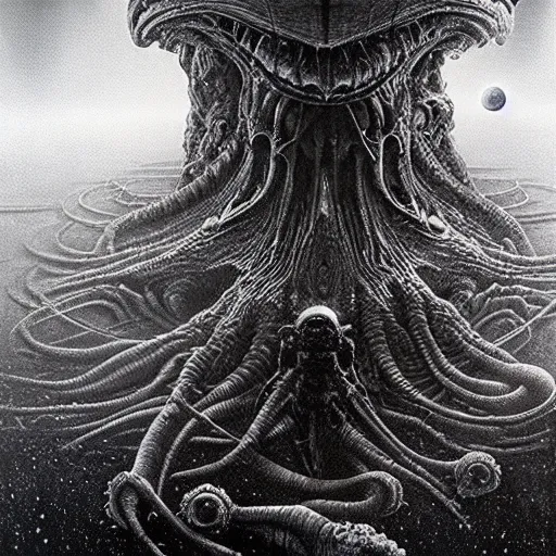 Image similar to outer space with eldritch terror and Cthulhu in the middle of composition, cosmic horror, ultra realistic, highly detailed, HD, sharp focus, cinematic lighting, realistic, art by HR Giger, art by Zdzislaw Beksinski