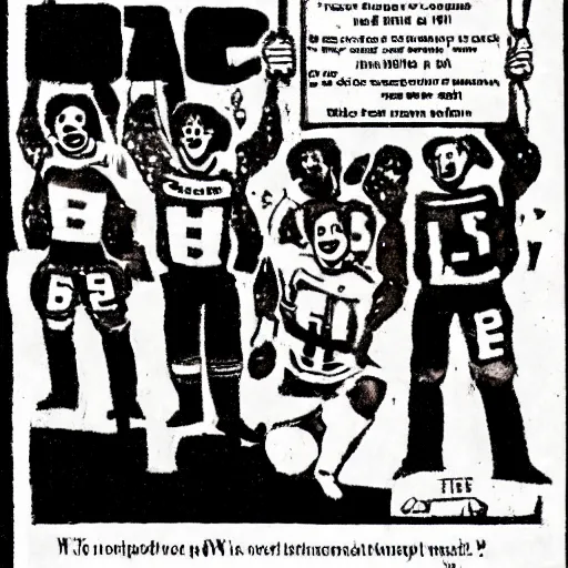 Image similar to group of men asking people to join a football match, comic vignette, 1 9 7 0 newspaper