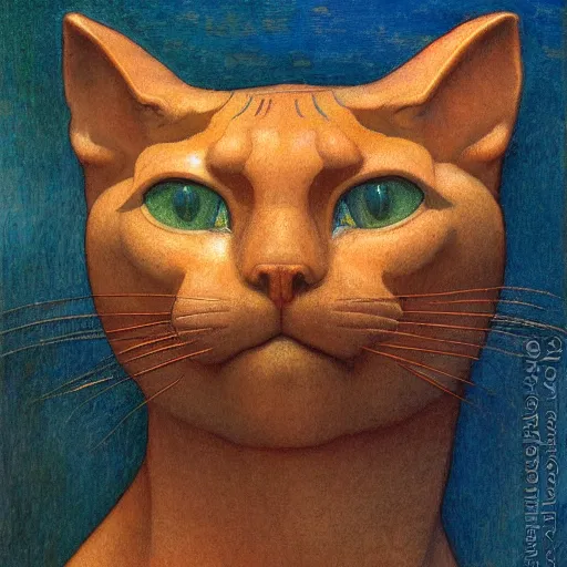 Prompt: masterpiece sculpture of a cloisonne cat head, by annie swynnerton and diego rivera and nicholas roerich and jean delville, symbolist, dramatic lighting, god rays, art brut, rich colors, smooth, sharp focus, extremely detailed, adolf wolfli and ( donato giancola and bilibin )