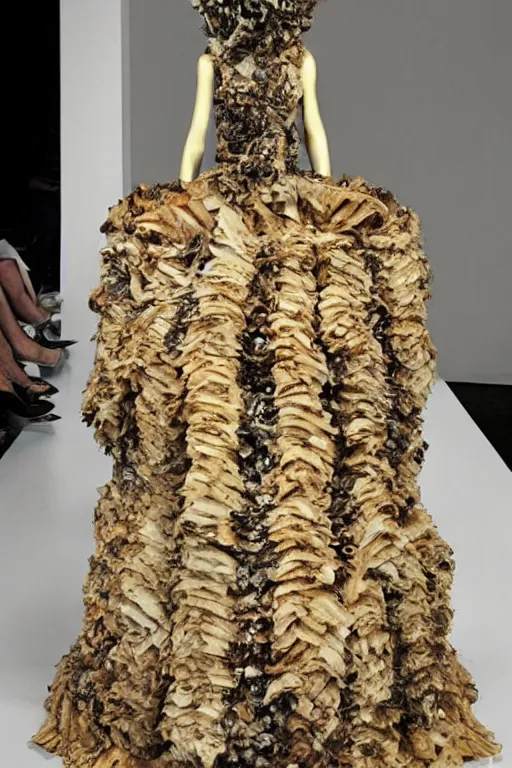 Prompt: haute couture dress made out of lasagna, styled by alexander mcqueen, high details