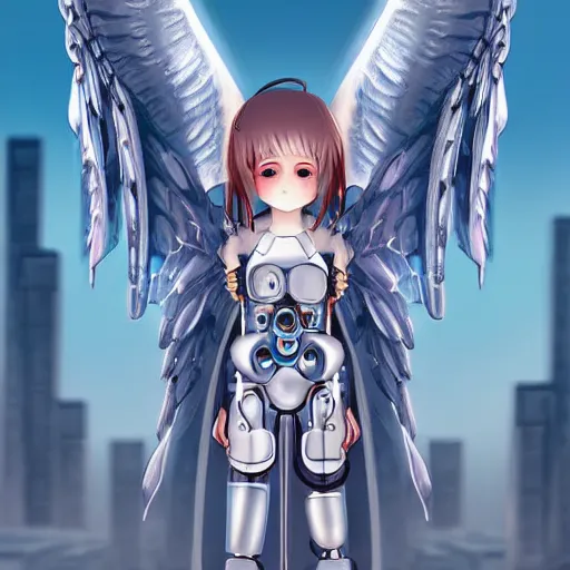 Prompt: cute small cyborg - angel girl with large angelic wings standing on the edge of a rooftop overlooking a dystopian city, left eye gold and right eye silver, biomechanical details, bionic cyborg implants, digital cyberpunk - anime art, full body shot