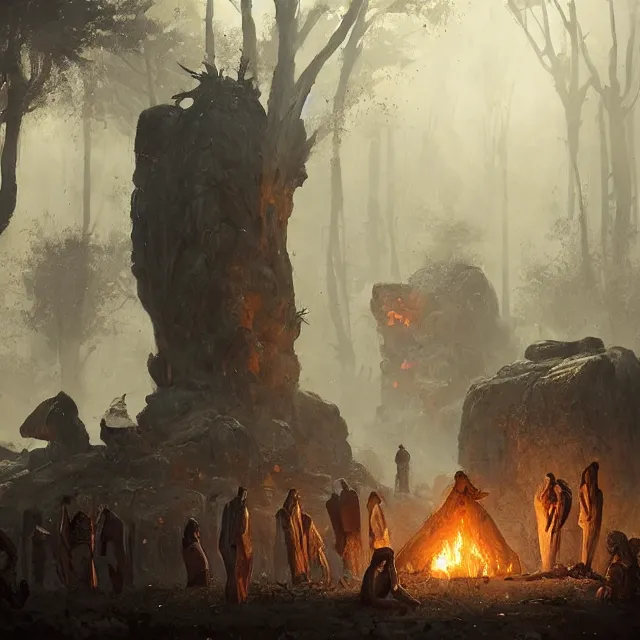 Prompt: a painting of a stone age funeral by greg rutkowski, dark fantasy art, high detail, trending on artstation